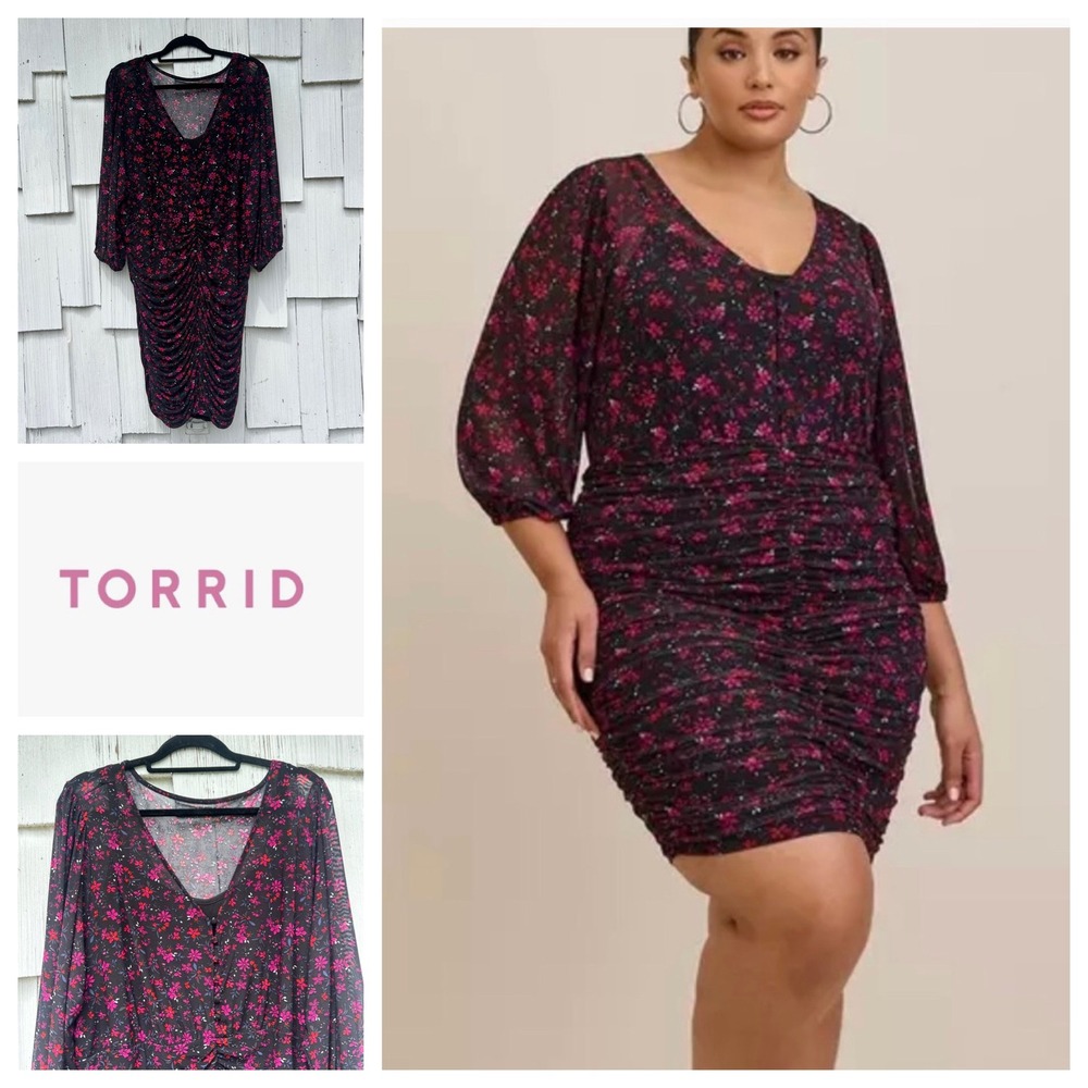 Torrid Womens 3X Black Pink Floral Mesh‎ Ruched Mini Button Shirt Dress 19654914